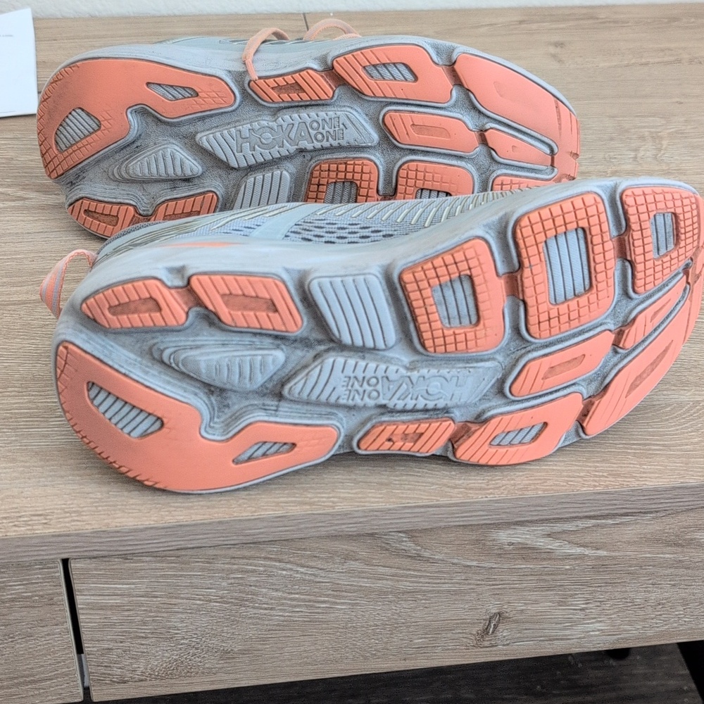 Hoka One One Women's Light Gray and Peach Athletic Running Shoes - Picture 3 of 4